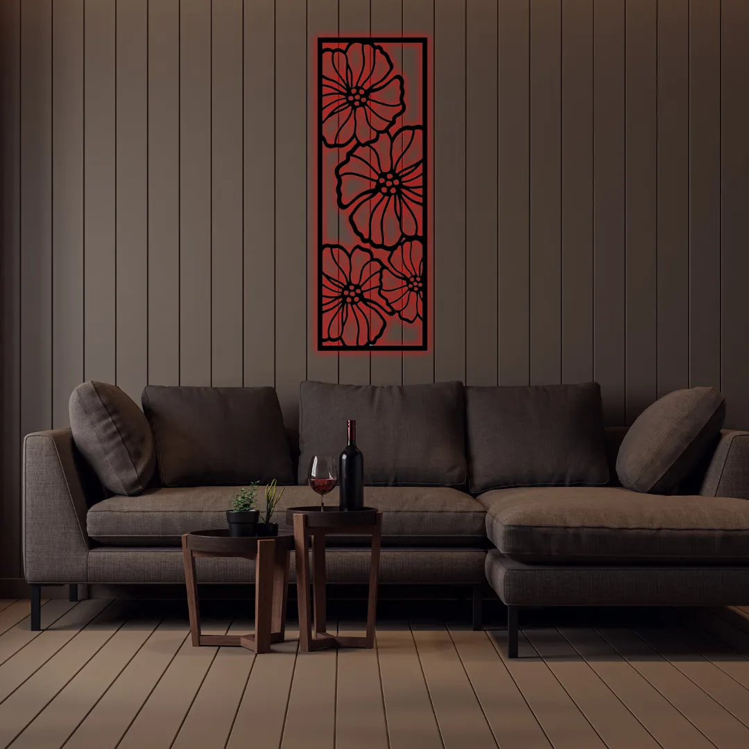 Red Floral Bloom Silhouette Elegant flower silhouette wall art in vertical frame.