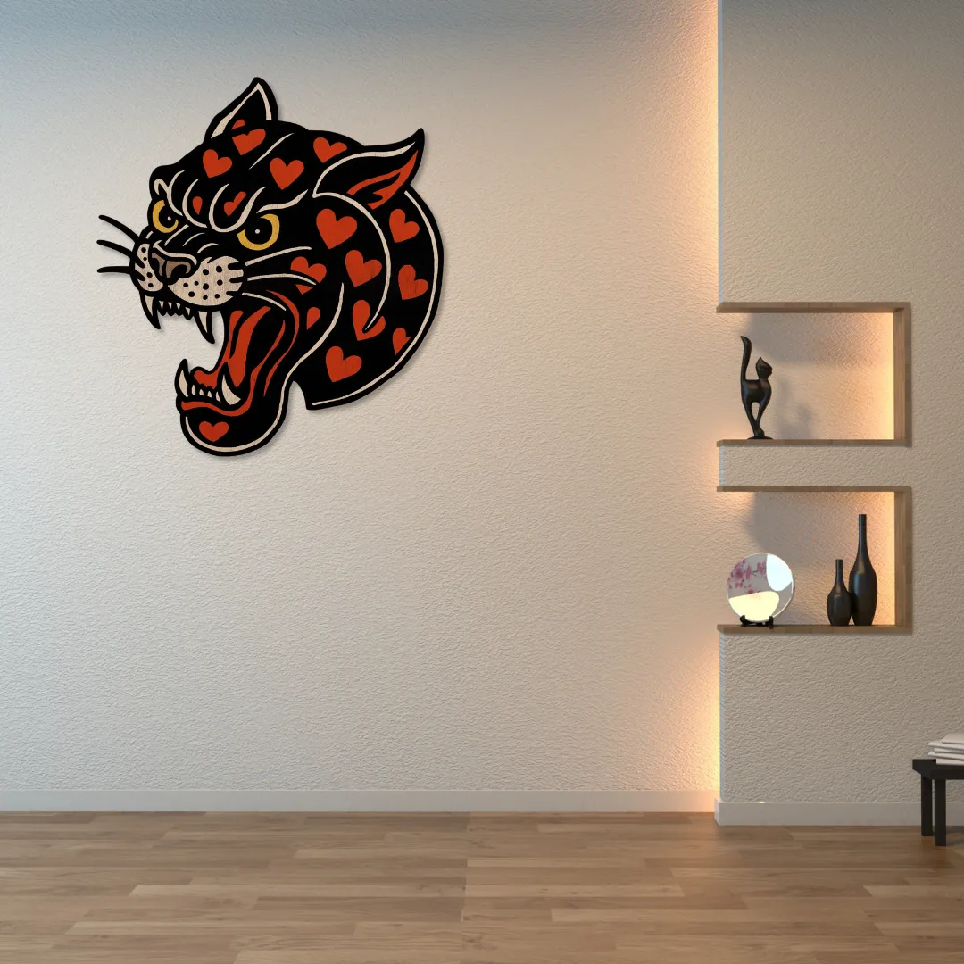 Heart Panther Metal Wall Art Roaring panther head metal wall art with red heart pattern – bold handmade wall decor for modern interiors.