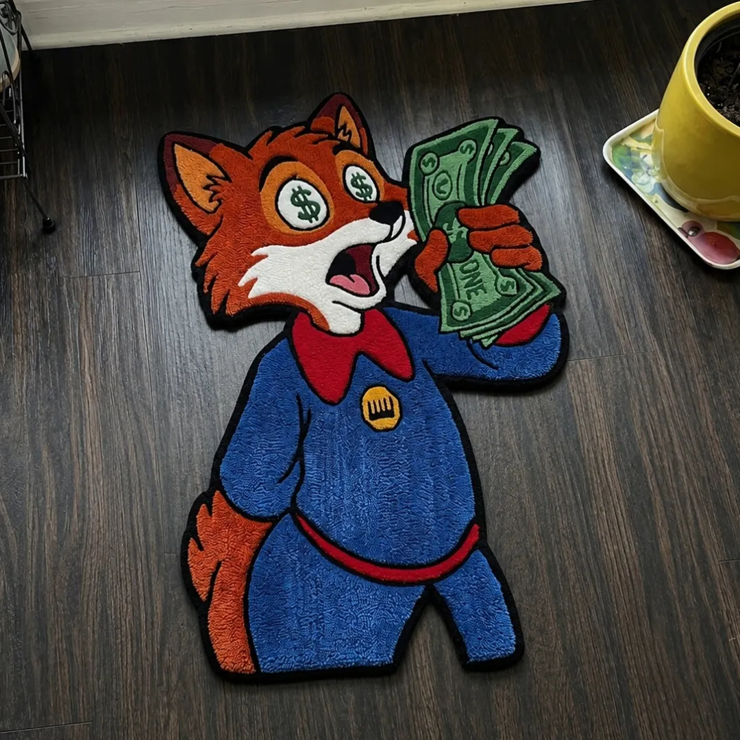 cash quack rug top view Cash Quack character shaped tufted area rug displayed flat on a dark wooden floor.