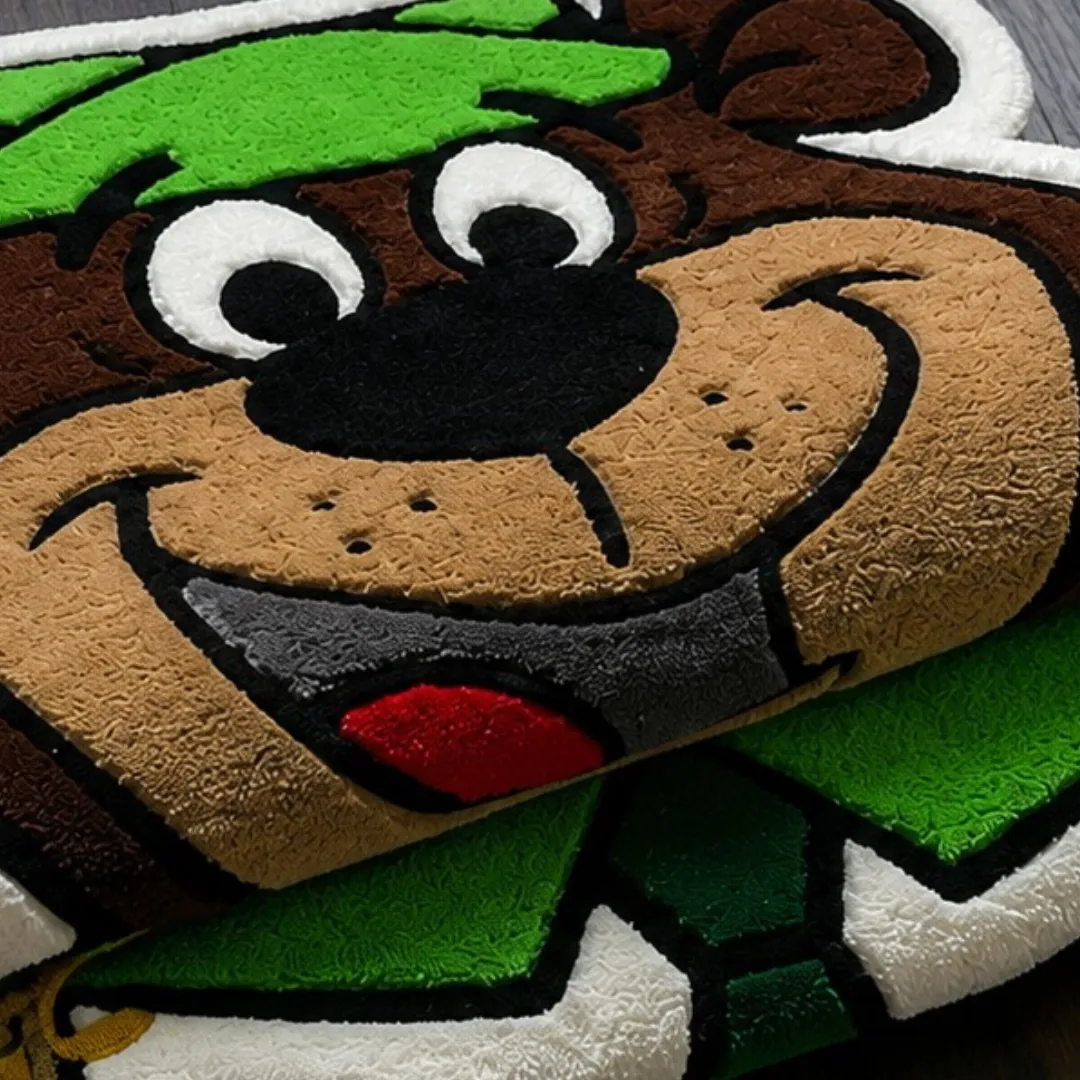 detective snout rug close up texture Close-up of the detailed tufted pile texture, bear face graphic, and vibrant green hat design on the Detective Snout rug.