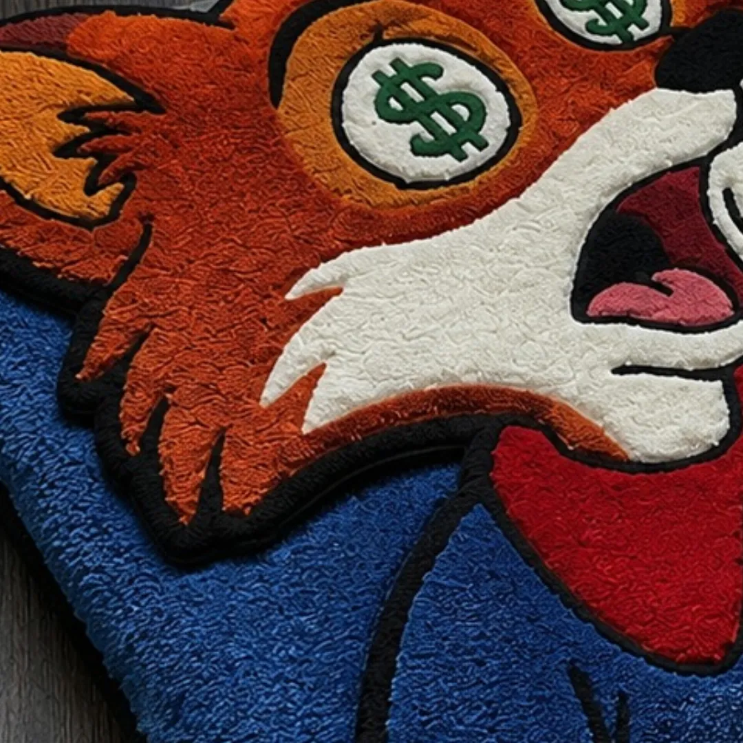 dollar daze rug close up texture Close-up of the detailed tufted pile texture, dollar sign eyes, and vibrant character design on the Dollar Daze rug.