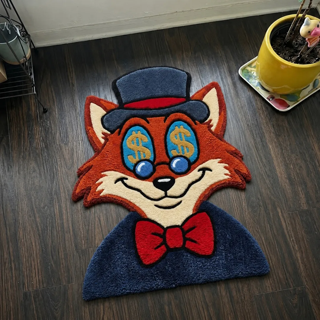 dollar daze rug top view Dollar Daze character shaped tufted area rug displayed flat on a dark wooden floor.