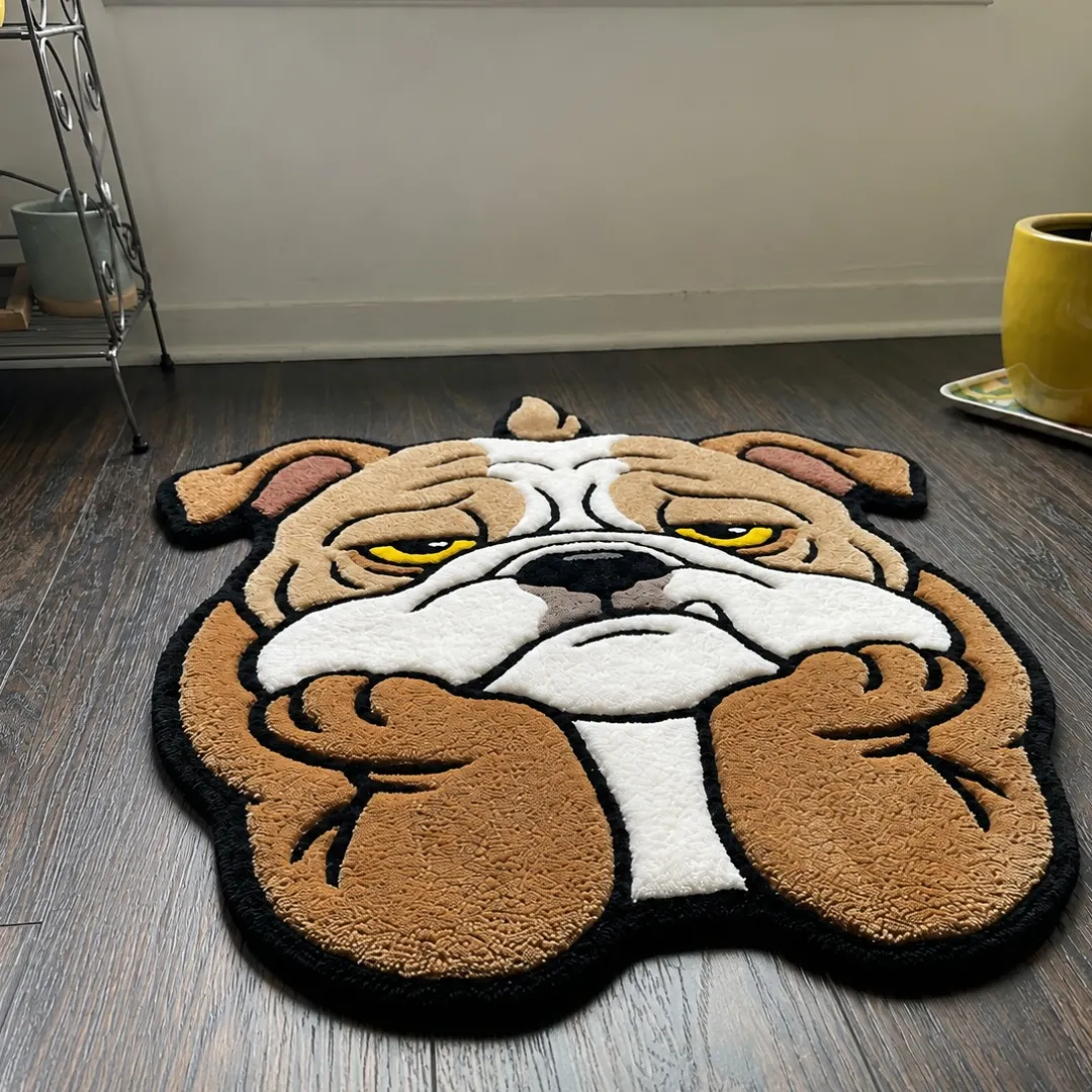 melancholy paws rug angle view Side angle view of the Melancholy Paws custom tufted area rug highlighting its contours and detailed puppy face graphic.