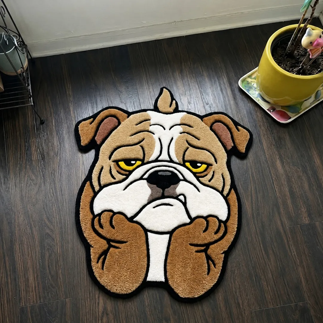 melancholy paws rug top view Angle view of the handmade Melancholy Paws bulldog shaped tufted rug showcasing its unique design and texture on a dark wooden floor.
