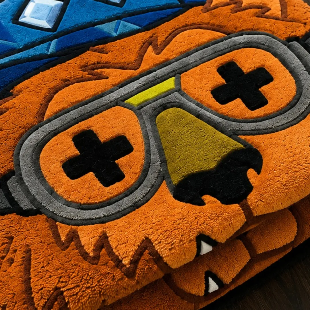 swag snout rug close up texture Close-up of the detailed tufted pile texture, sunglasses graphic, and blue cap design on the Swag Snout rug.