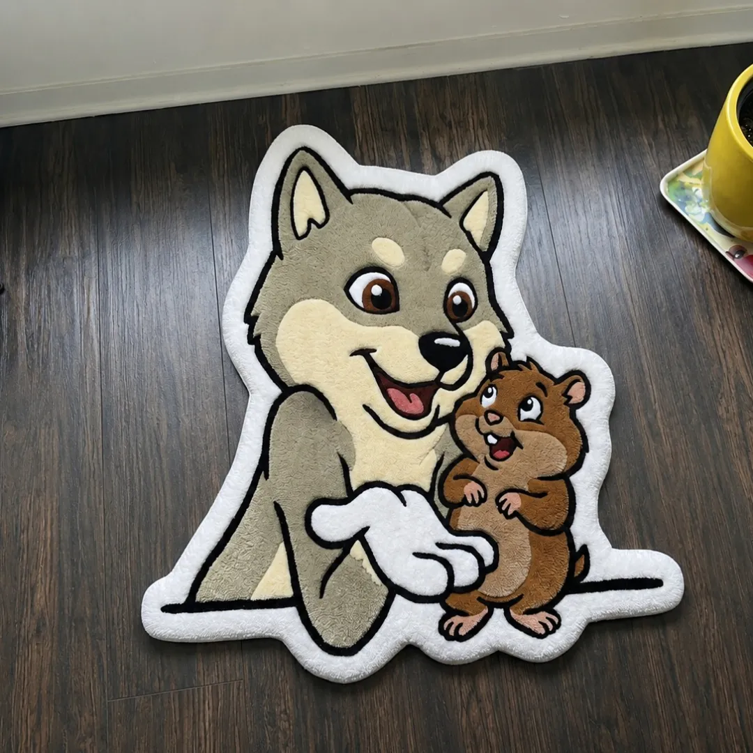 twin mischief rug angle view Twin Mischief cartoon animal shaped tufted area rug displayed flat on a dark wooden floor.