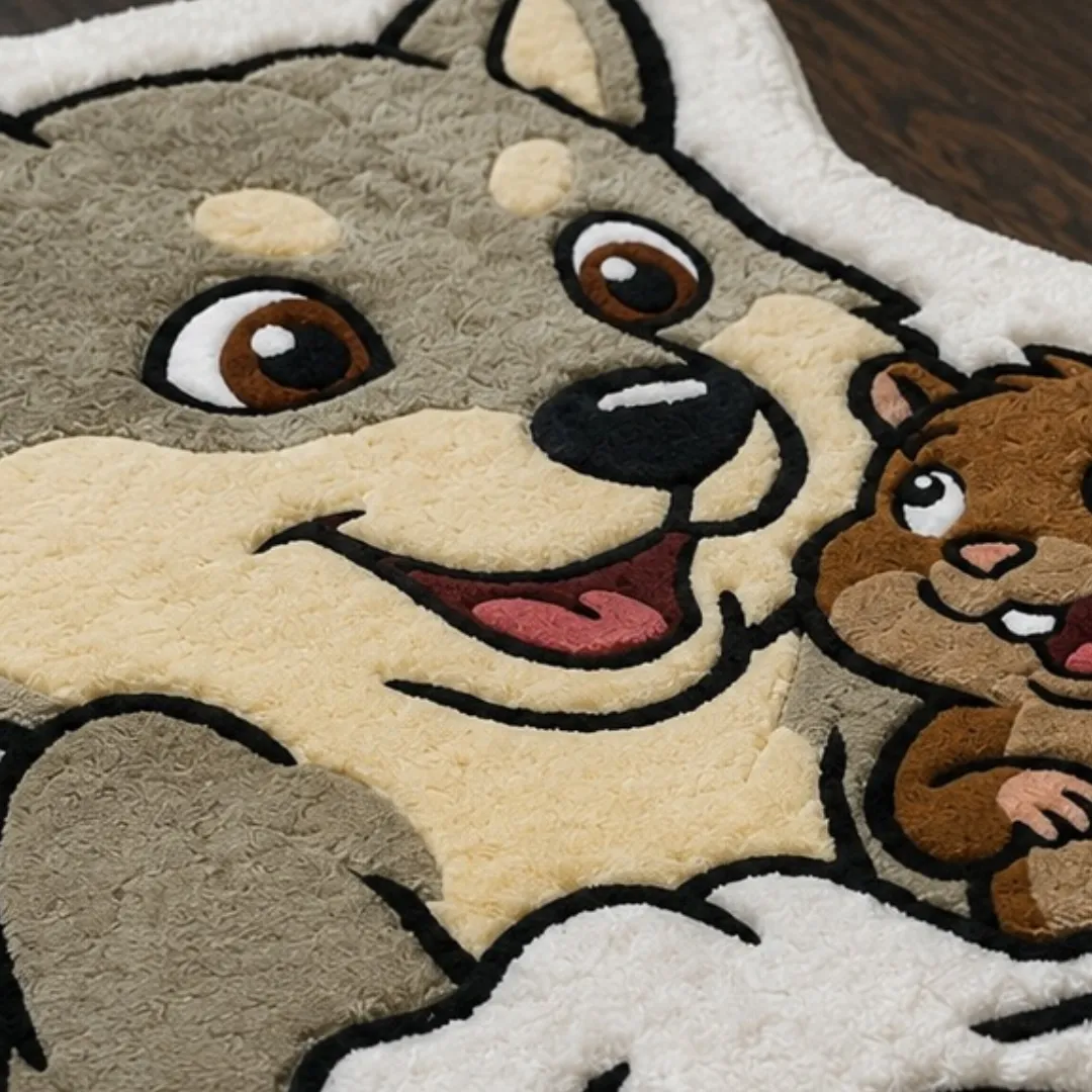 twin mischief rug close up texture Close-up of the detailed tufted pile texture, character faces, and plush wool design on the Twin Mischief rug.