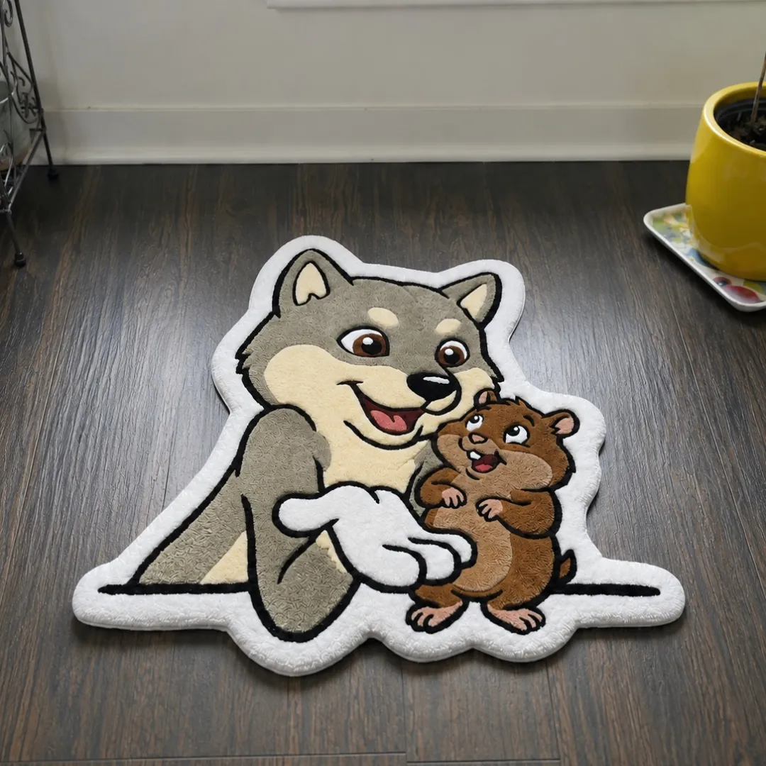 twin mischief rug top view Angle view of the handmade Twin Mischief tufted rug showcasing its unique animal characters and texture on a dark wooden floor.