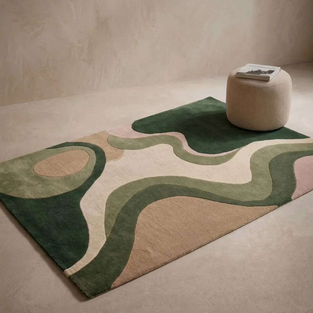 terra drift abstract organic wool area rug interior lifestyle An interior lifestyle shot of the rectangular Terra Drift rug styled on a neutral floor in a minimalist room, paired with a textured beige ottoman, showcasing its wavy, nature-inspired design.