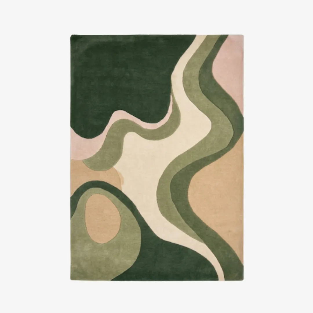 terra drift abstract organic wool area rug product shot A top-down studio product photograph of the rectangular Terra Drift area rug, featuring a fluid, organic topographic pattern in layered earth tones, including deep forest green, sage, beige, and soft pink.
