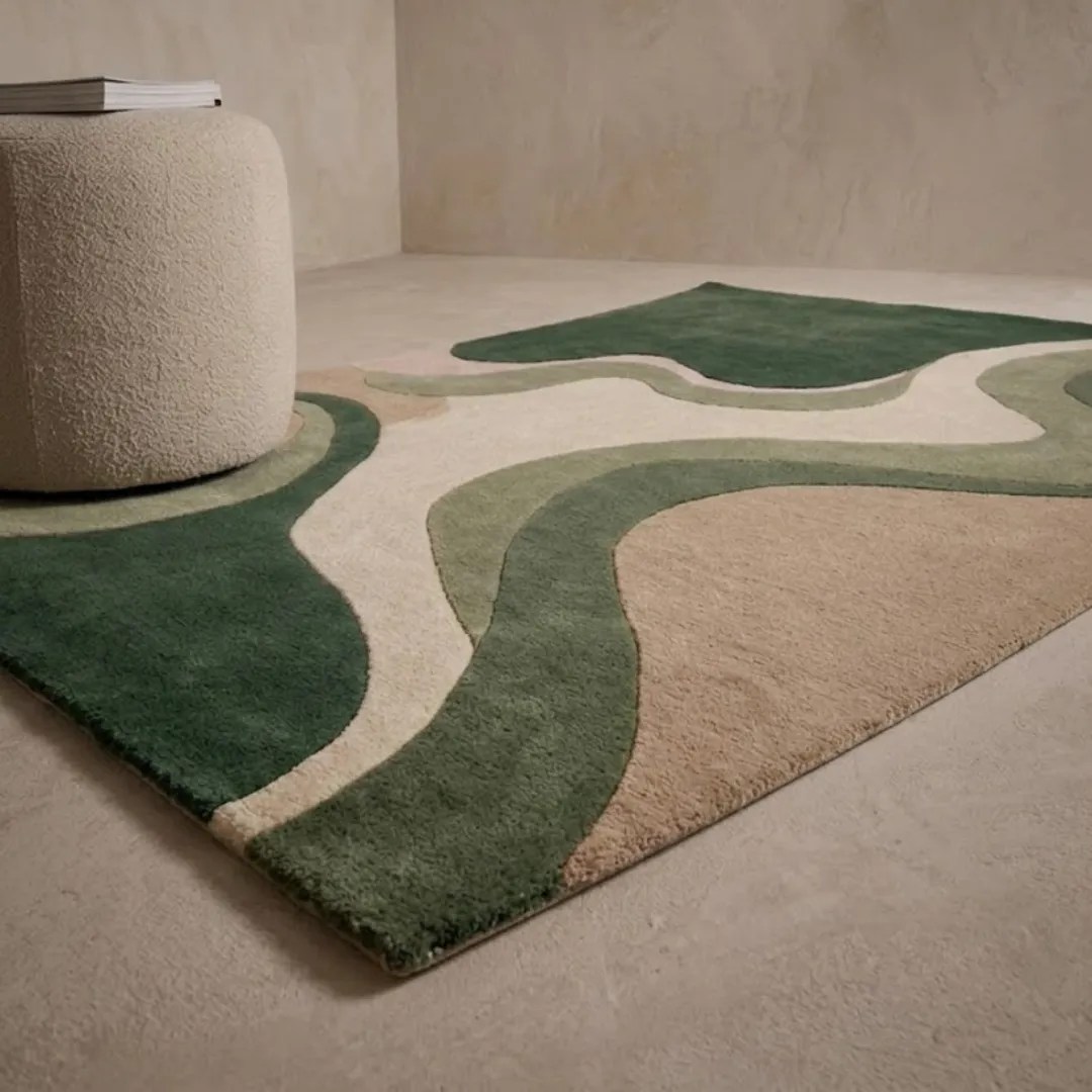 terra drift abstract organic wool area rug room perspective A macro close-up perspective of the Terra Drift area rug, highlighting the dense, high-pile wool texture and the fluid transitions between the organic color blocks.