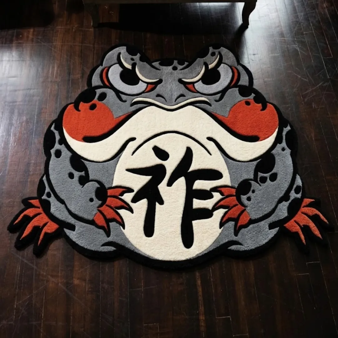 An overhead view of the Kaeru No Senshi rug resting on a dark hardwood floor. The hand-tufted custom rug features a bold traditional Japanese tattoo design of a fierce grey toad with black spots, vibrant red accents on its cheeks and webbed feet, and a large black kanji character centered on its cream-colored belly.