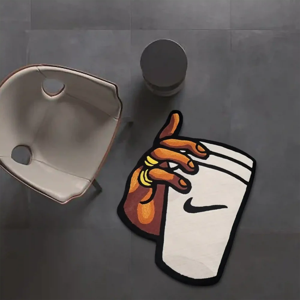 hand holding glass nike swoosh rug