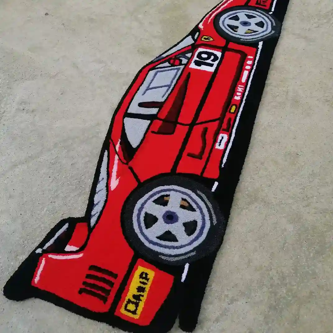 Motorsport-themed wool rug for garages and bedrooms
