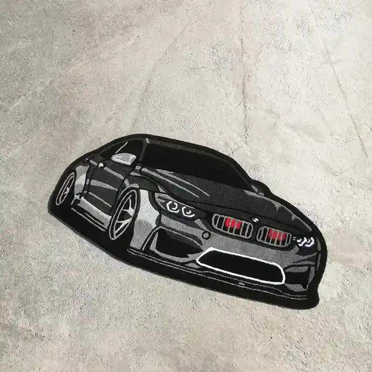 Close-up of Turbo Drift M Series rug for garage and gaming setup