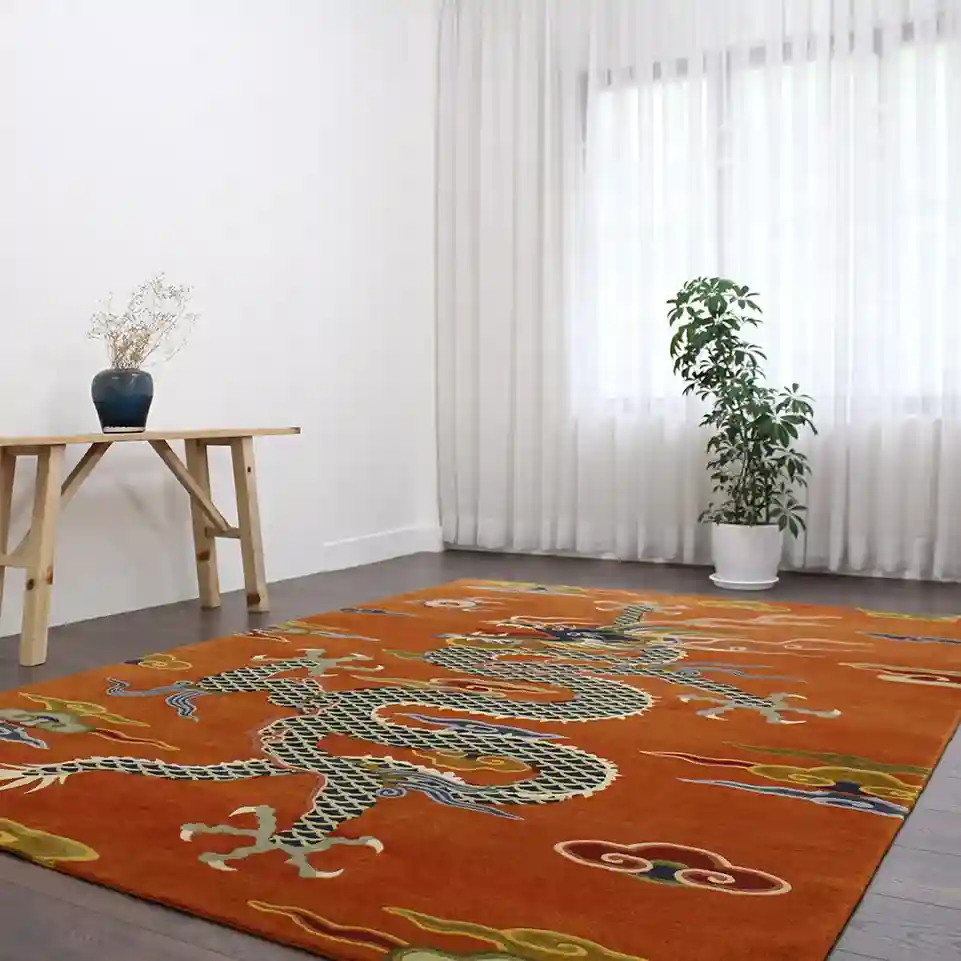 Vibrant Orange Tibetan Dragon Rug Premium Wool Area Rug