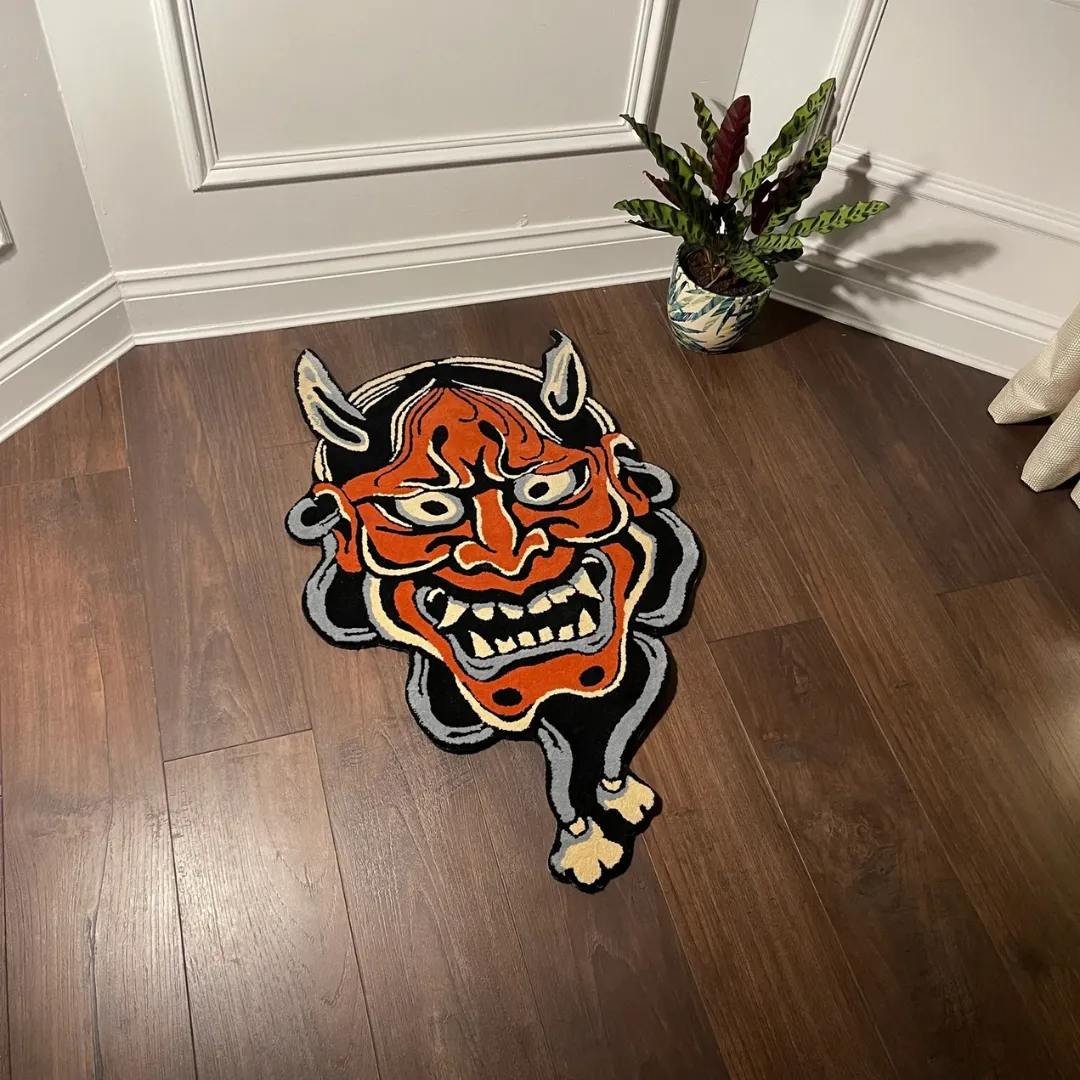 Red Hannya Mask Rug – Japanese tattoo-inspired floor art