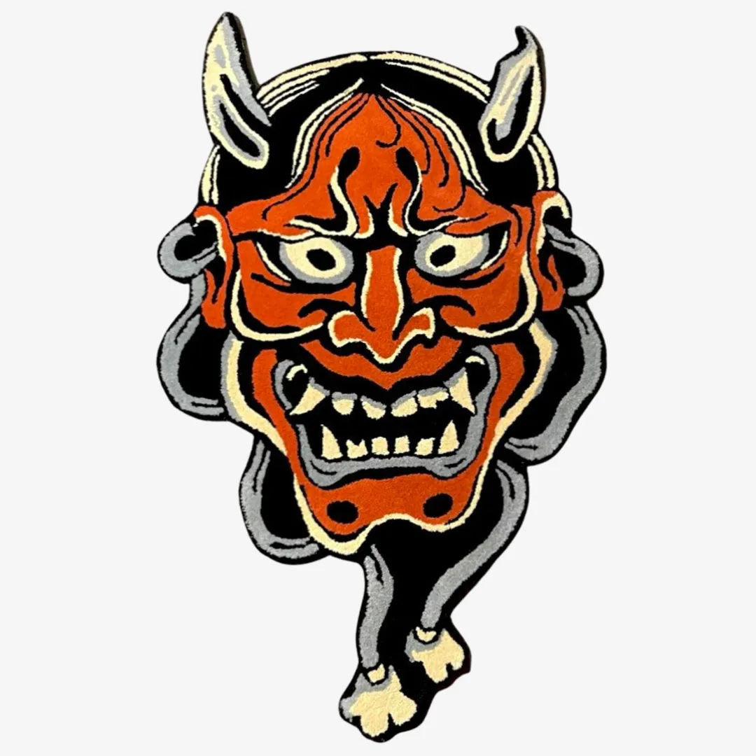 Tattoo-style Red Hannya Mask Rug – front view