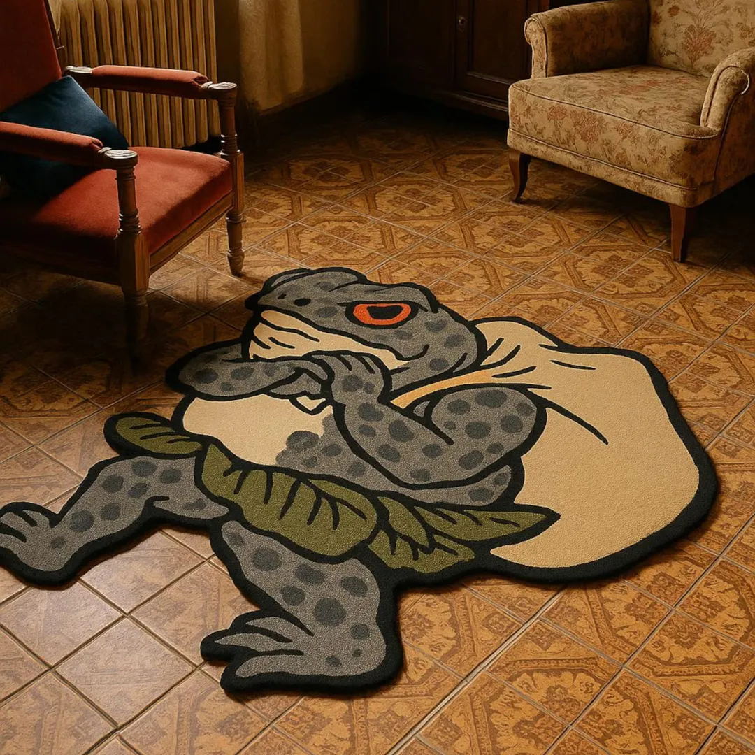 Frog rug with spotted body, leafy belt, and tan backpack – Backpack Frog Rug by Sneagear