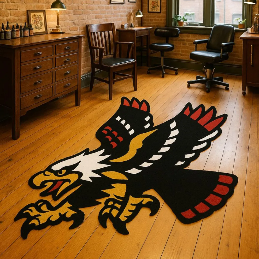 Wool rug with eagle bird in flight design