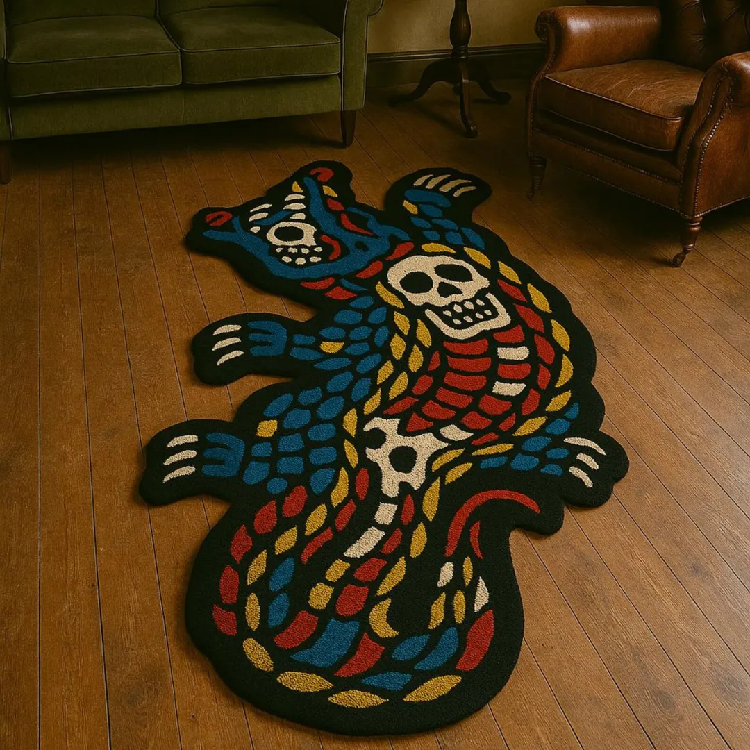 Wool rug with tattoo-inspired crocodile design
