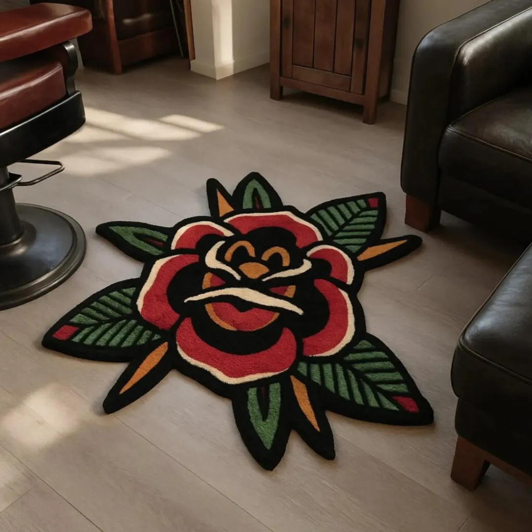 Traditional rose design with black background and vibrant colors.