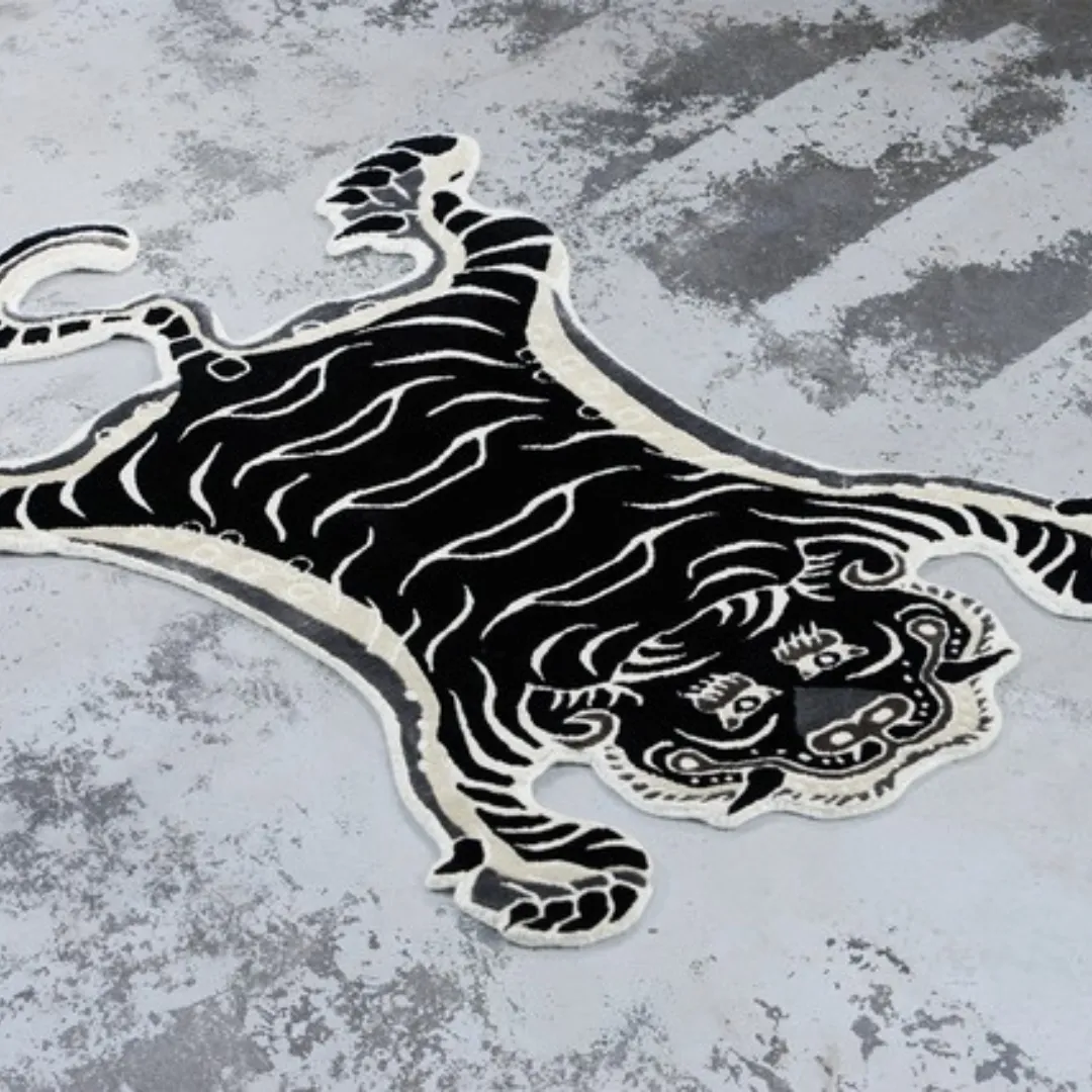 Shadow Stripes Tiger Wool Rug with black and white tiger design