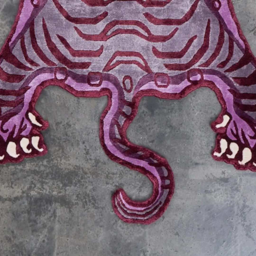 Handcrafted Tibetan Tiger design rug with intense expression in vibrant hues