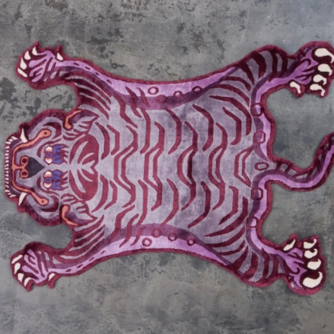 Handcrafted Tibetan Tiger design rug with intense expression in vibrant hues