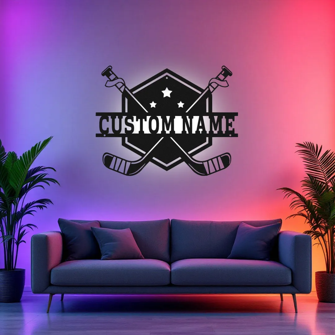 Hockey Shield Silhouettes Personalized hockey wall décor with shield and stars