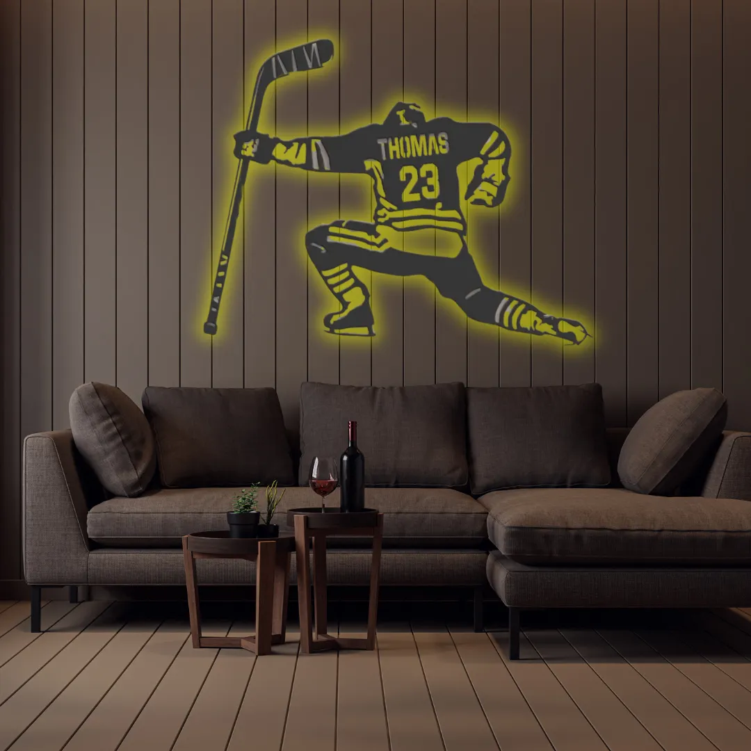 Yellow Custom Jersey Hockey Personalized Silhouette Sports-inspired metal wall art with hockey celebration design