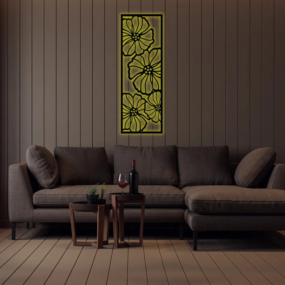 Yellow Floral Bloom Silhouette Yellow Elegant flower silhouette wall art in vertical frame.