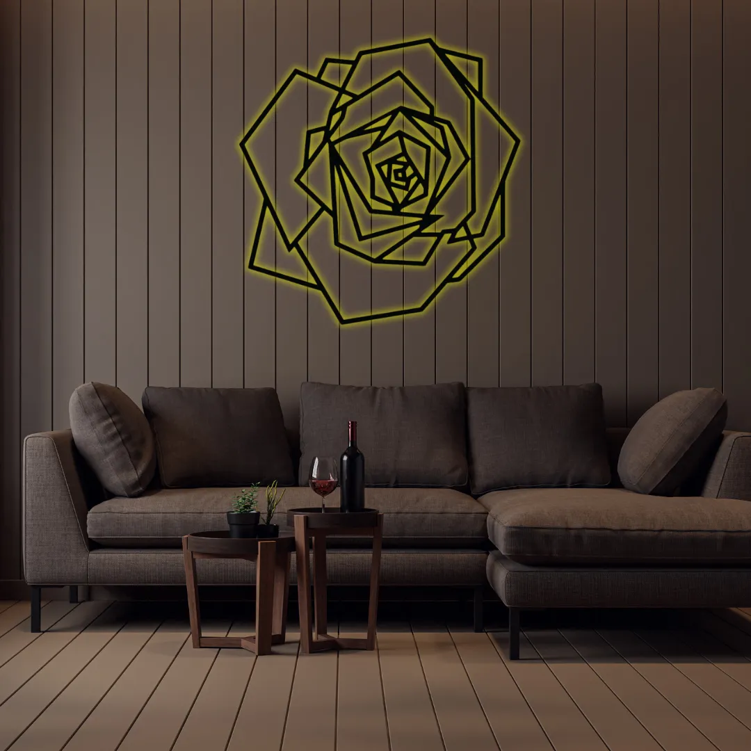 Yellow Geometric Rose Silhouette Minimalist floral metal art piece for home.