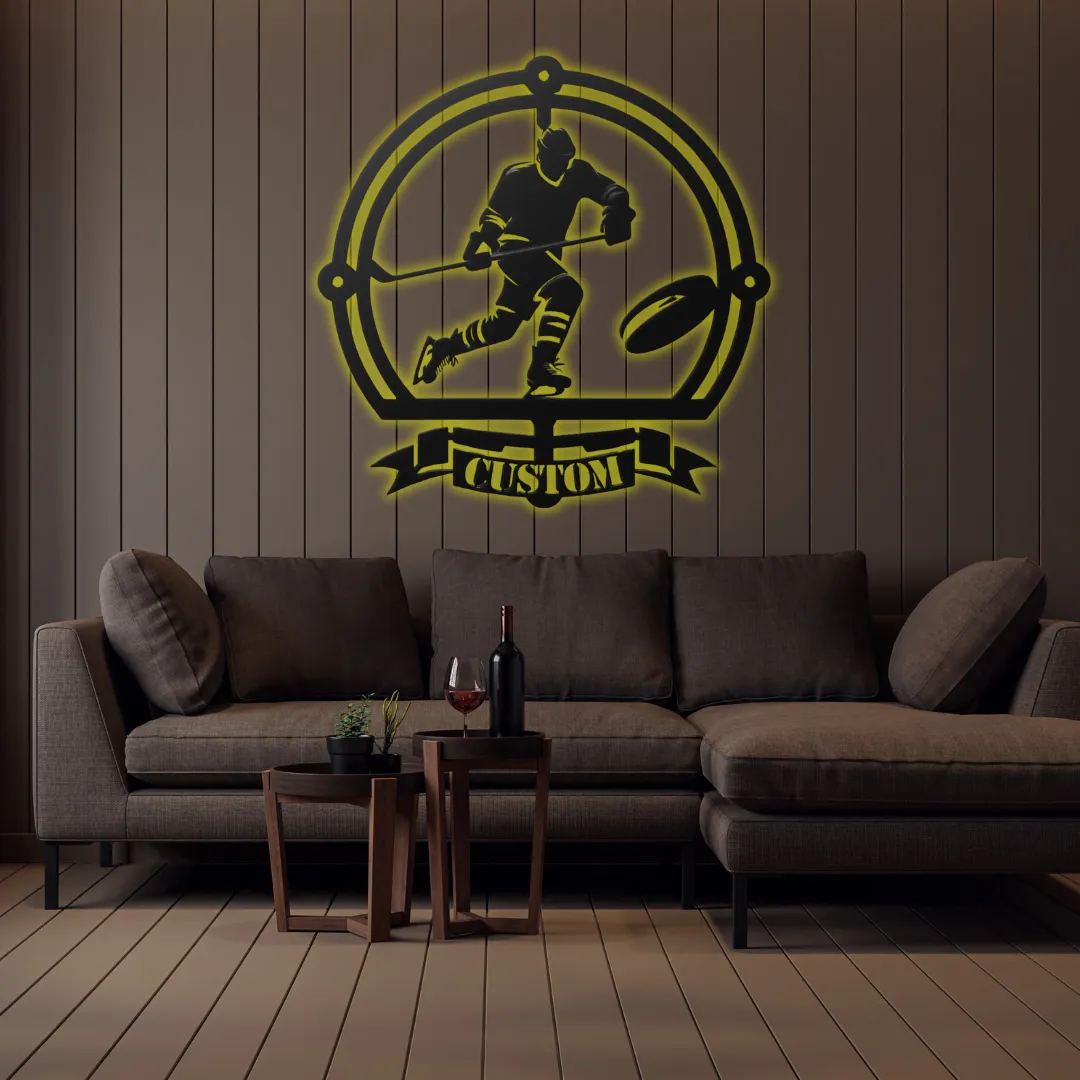 Yellow Hockey Action Mask Silhouette Yellow Custom hockey banner wall hanging with player silhouette