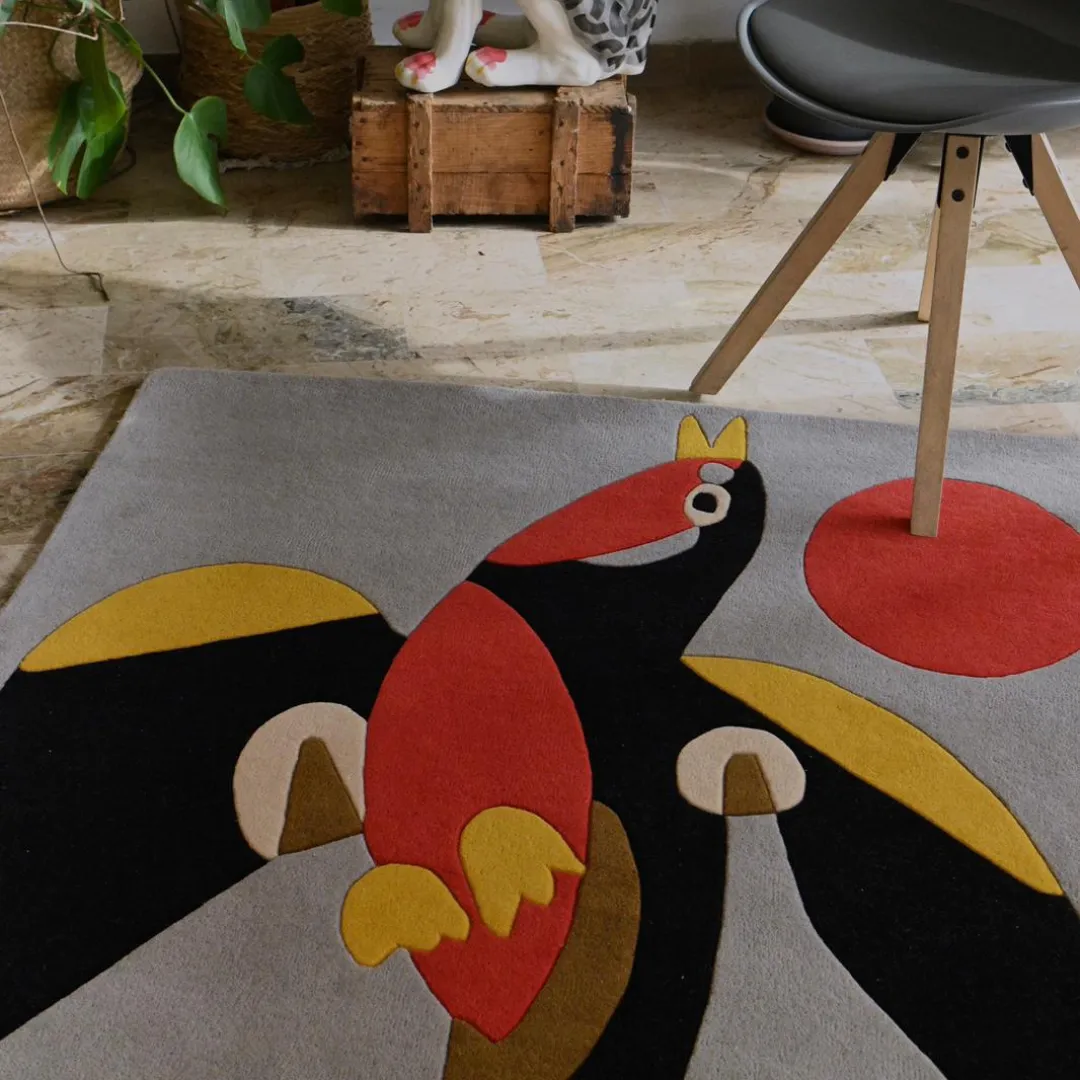Aviara Rug Placed Luxury Aviara Rug – Bold Bird Artwork in Red, Blue, and Gold, Hand-Tufted Wool