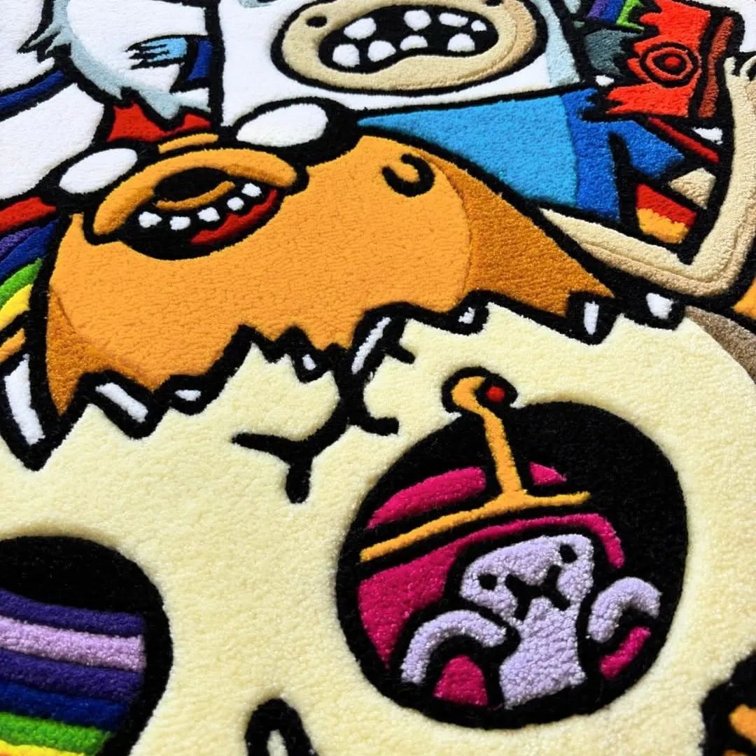 Cosmic Rug Hand-tufted Cosmic Blaze Rug showcasing dynamic cartoon characters and fiery rainbow visuals