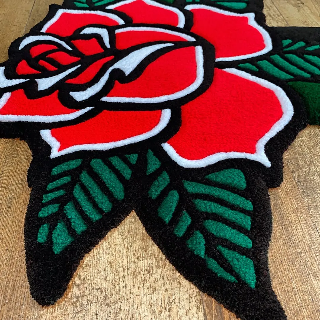 Nocturne Bloom Inked Rug Hand-tufted Nocturne Bloom Tattoo Rug showcasing bright red flower with artistic black outlines