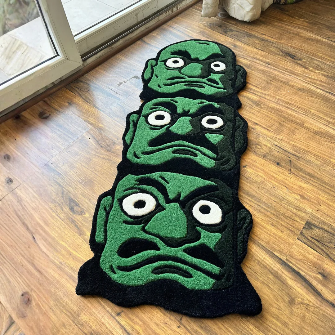 Oni Trinity Rug Oni Trinity Rug featuring three stacked green demon faces – hand-tufted Japanese-inspired rug by Sneagear