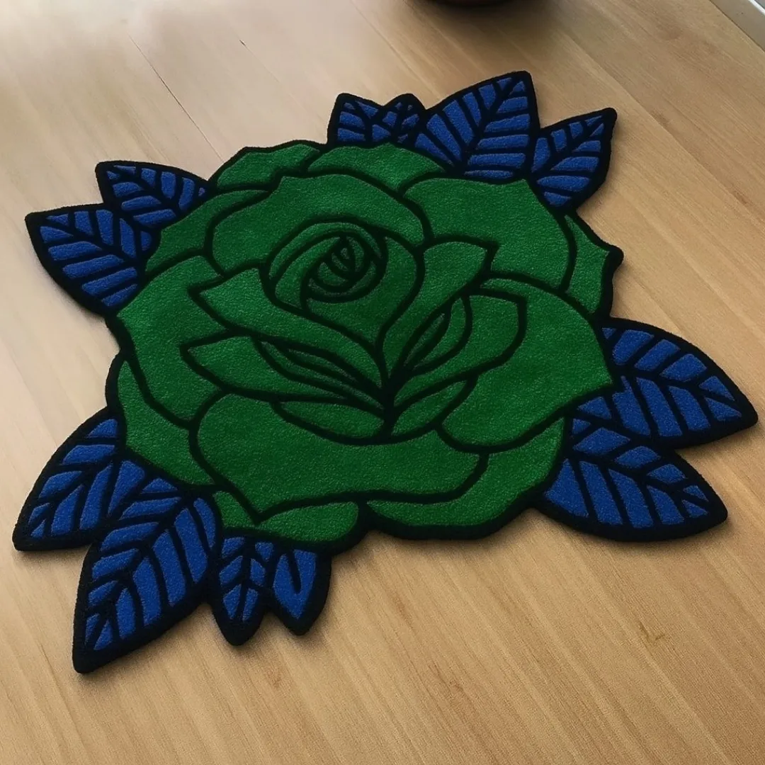 Verdant Thorne Inked Rug Handmade Verdant Thorne Rug with vibrant green rose petals and blue foliage – modern art rug