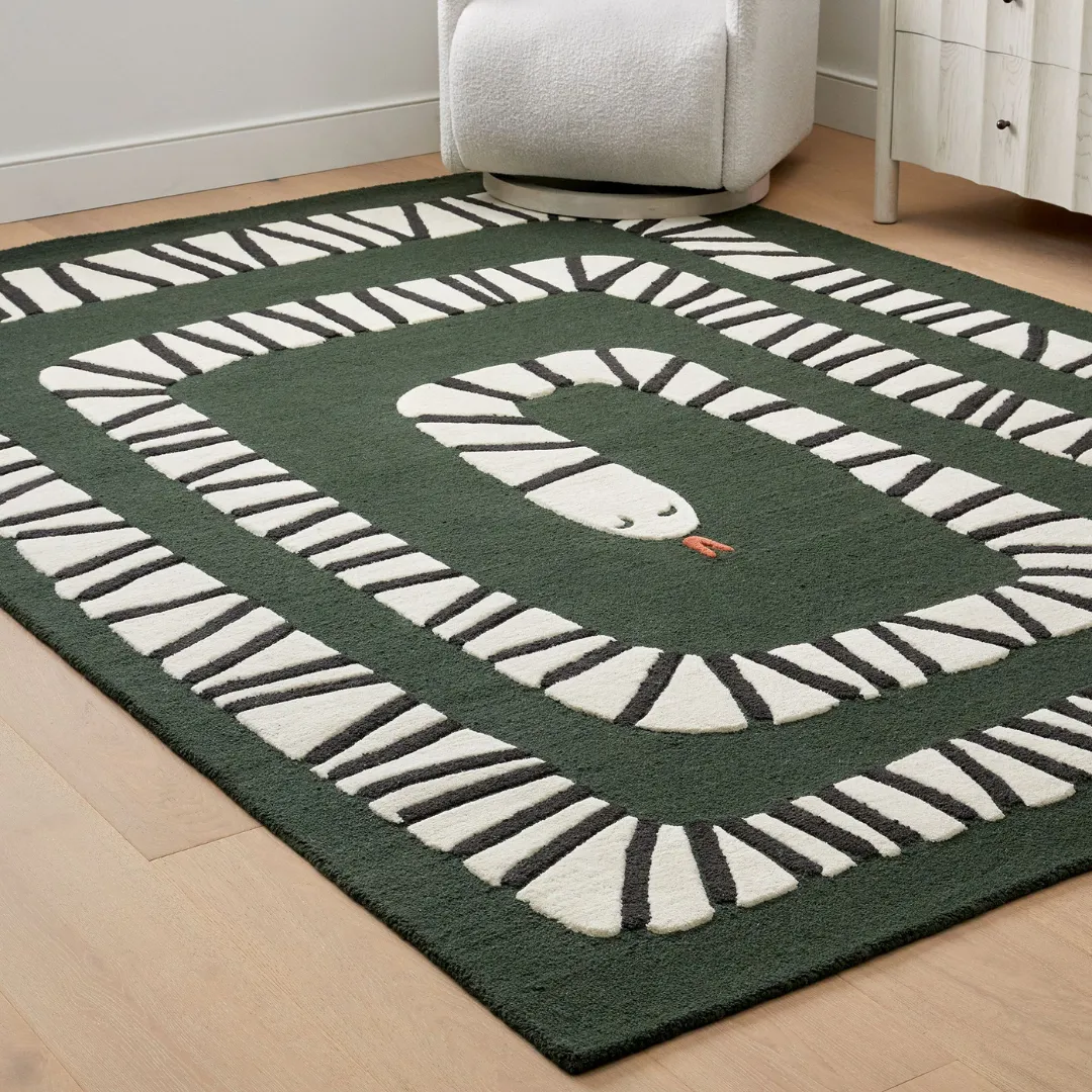 Ziggy Snake Path Area Rug Handmade Ziggy Snake Path Rug with coiled snake pattern – modern artistic wool rug