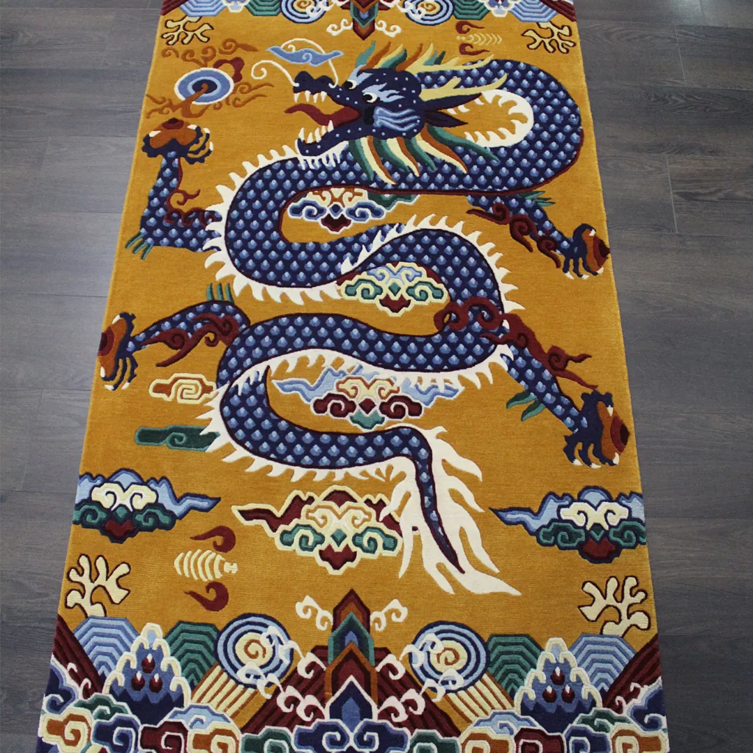 Imperial Golden Area Rug High angle shot of the Imperial Golden Inked rug on a dark floor, highlighting the vibrant colors and the intricate Asian inspired artwork perfect for a statement room.
