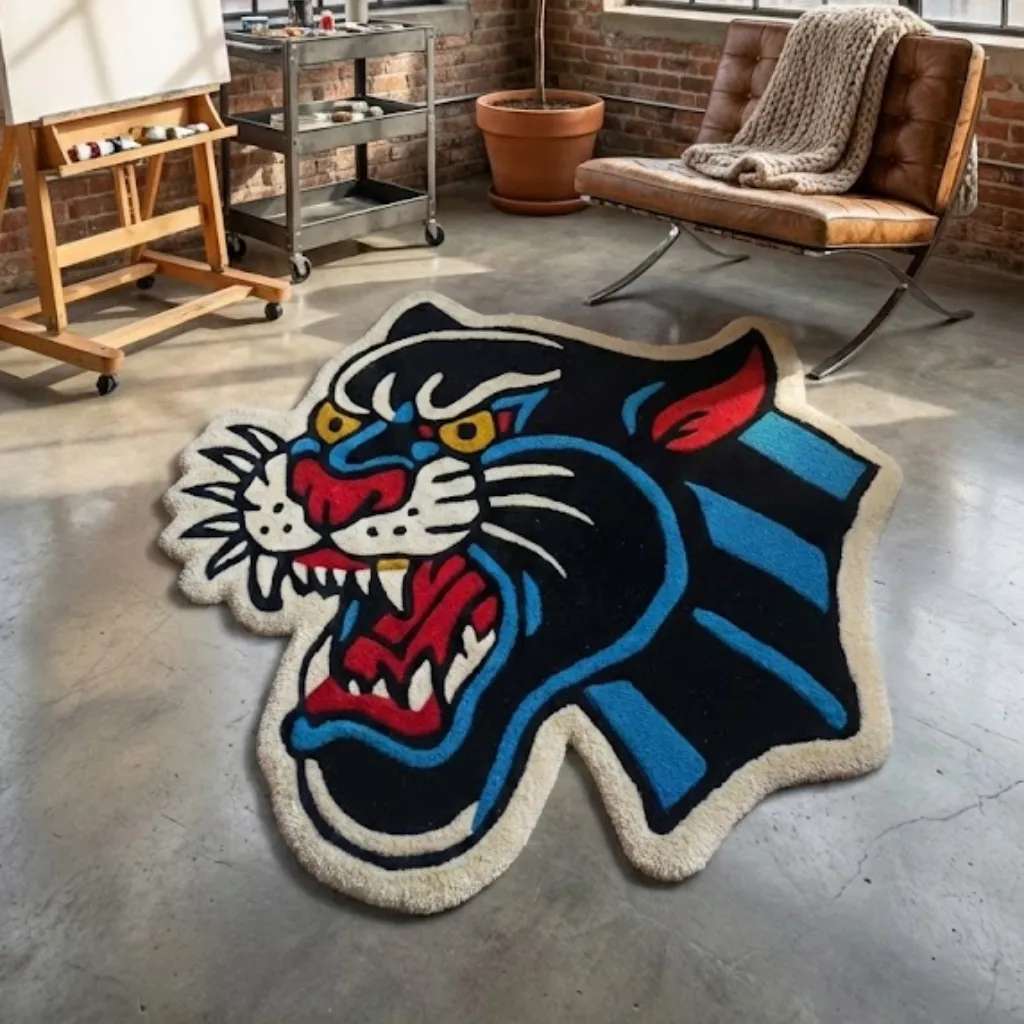 night howler inked traditional tattoo panther rug Eye level view of the Night Howler Inked Rug in an industrial loft setting, showcasing the vibrant blue and red accents of the fierce panther head illustration.