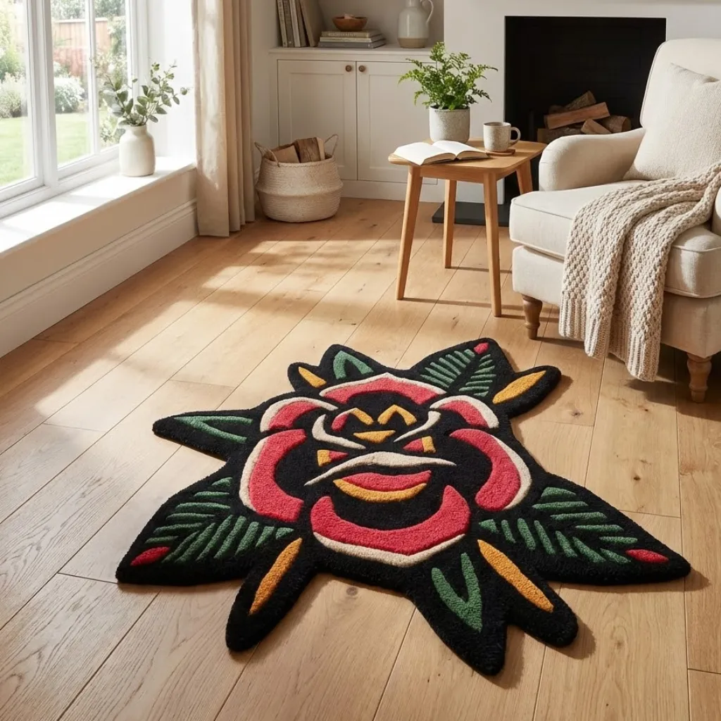 rebel scarlet inked red flower shaped rug High angle view of the Rebel Scarlet Inked rug in a bright modern living room, showcasing the custom die-cut flower shape and bold black outlines of the rose design.