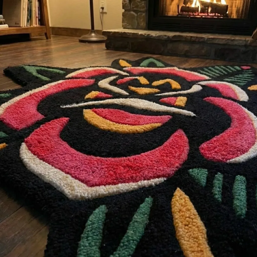 rebel scarlet inked rug texture detail close up Extreme close-up of the Rebel Scarlet Inked rug, highlighting the dense hand-tufted wool pile, vibrant red and pink petals, and intricate carved texture details.