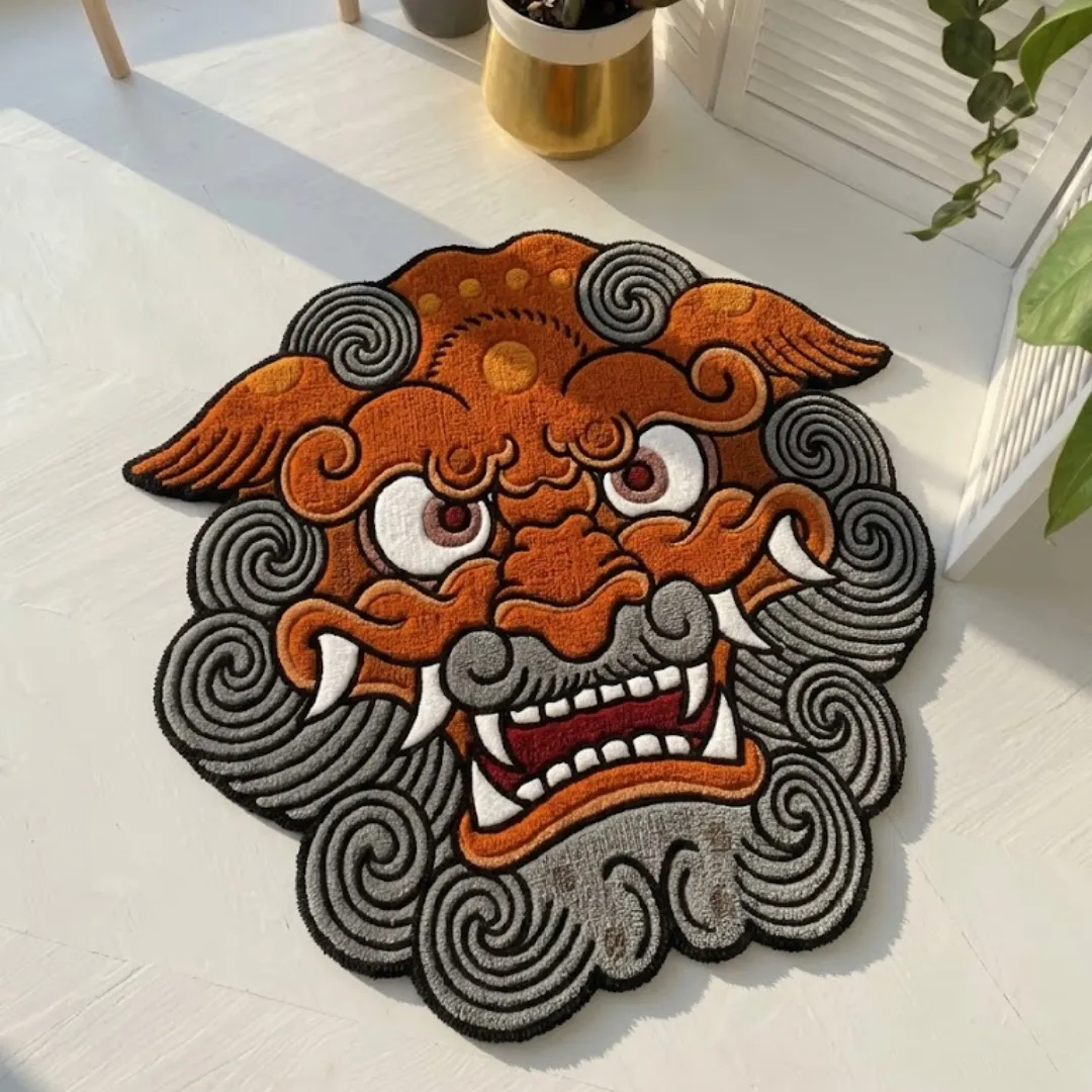red foo dog japanese rug white floor An angled top-down view of the Red Foo Dog Japanese Rug resting on a bright white wooden floor bathed in natural sunlight. The hand-tufted rug is shaped like a traditional guardian lion head, featuring a vibrant red face, a swirling black mane, gold accents, and a fierce open-mouthed expression showing its teeth.