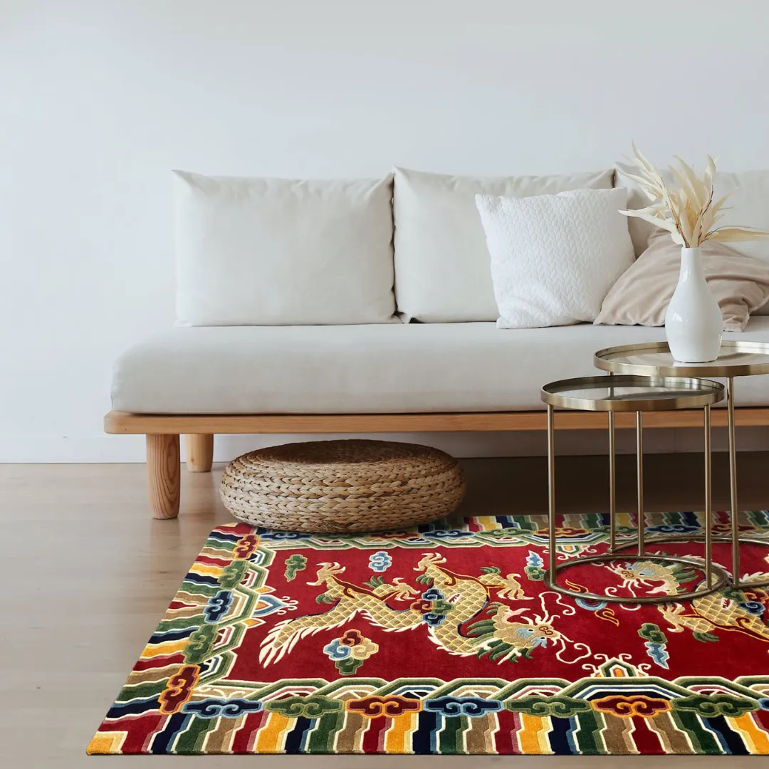 Sacred Triumph Luxury Dragon Rug Living Room The Sacred Triumph Inked rug styled in a modern living room with a white sofa, adding a bold touch of Asian art and warmth to the space.