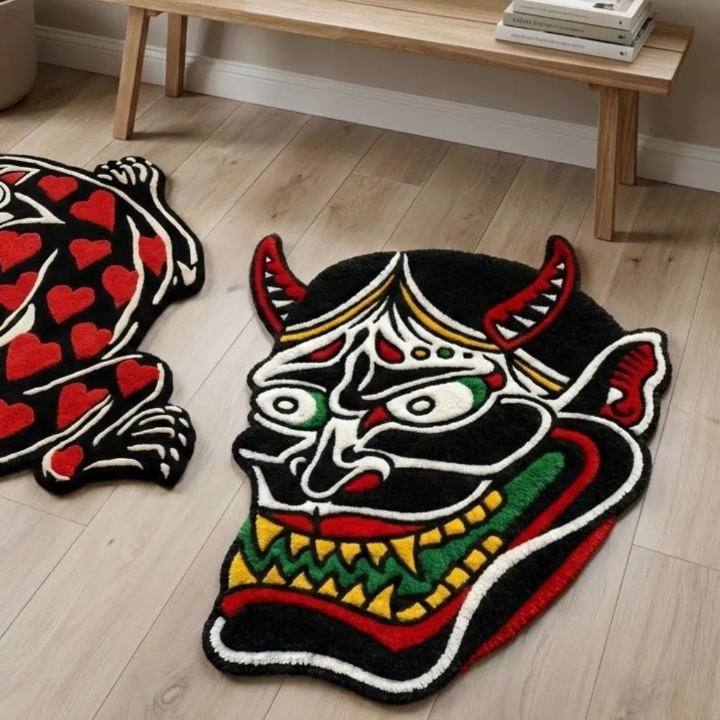 savage spirit hanny inked japanese tattoo shaped rug High angle view of the full Savage Spirit Hanny rug placed on a wooden floor, showcasing the unique die-cut shape of the demon mask design in a striking traditional tattoo aesthetic.
