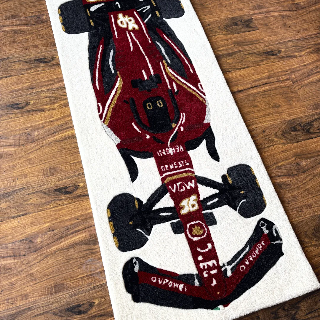 scarlet force f1 car nose detail number 16 Close-up detail of the Scarlet Force rug's nose, showcasing the number 16, sponsor logos, and the precise tufting of the front wing assembly.