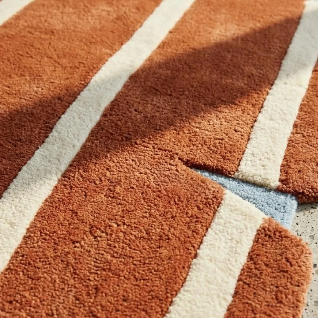 bond break rug texture Close-up texture detail of the Bond Break rug, highlighting the dense, plush hand-tufted wool pile in terracotta and ivory, and the clean edge of a triangular notch revealing the light blue base.
