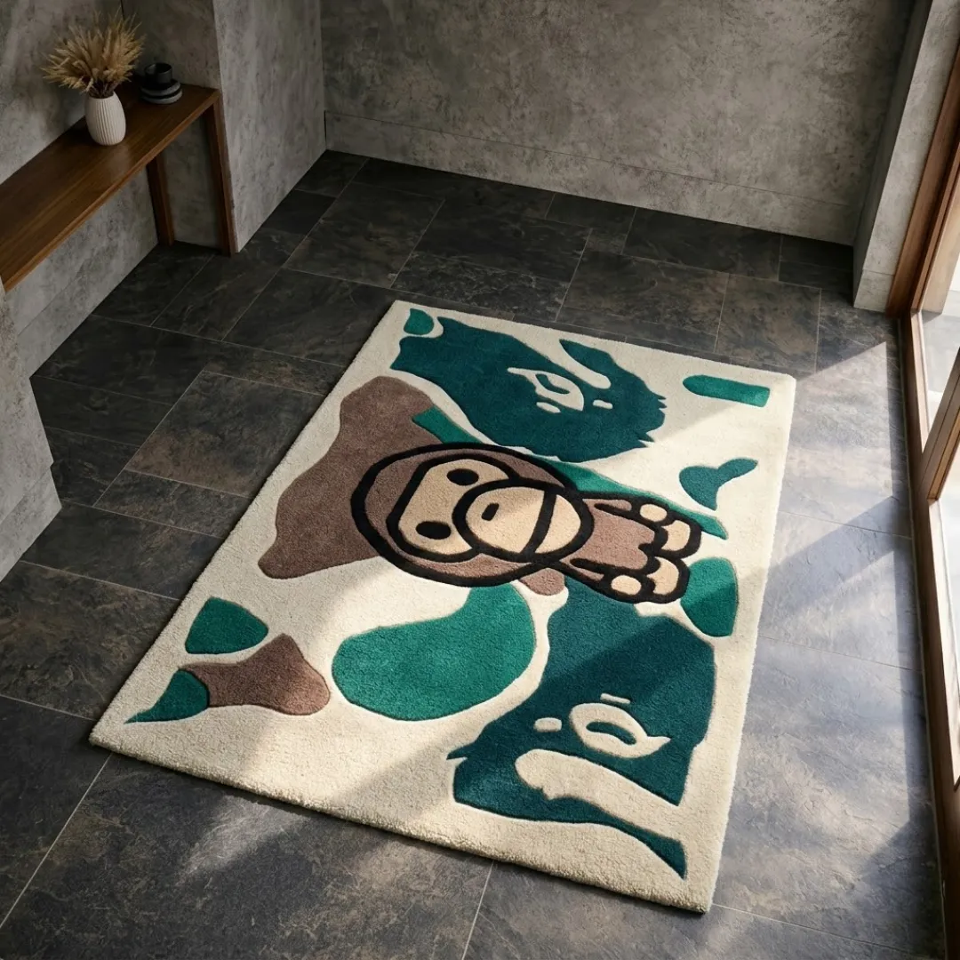 camo heritage rug lifestyle Perspective lifestyle view of the rectangular Camo Heritage rug placed on a dark grey tile floor in a modern entryway, showcasing its bold green, brown, and cream streetwear camouflage pattern with a prominent cartoon ape face character in the center.